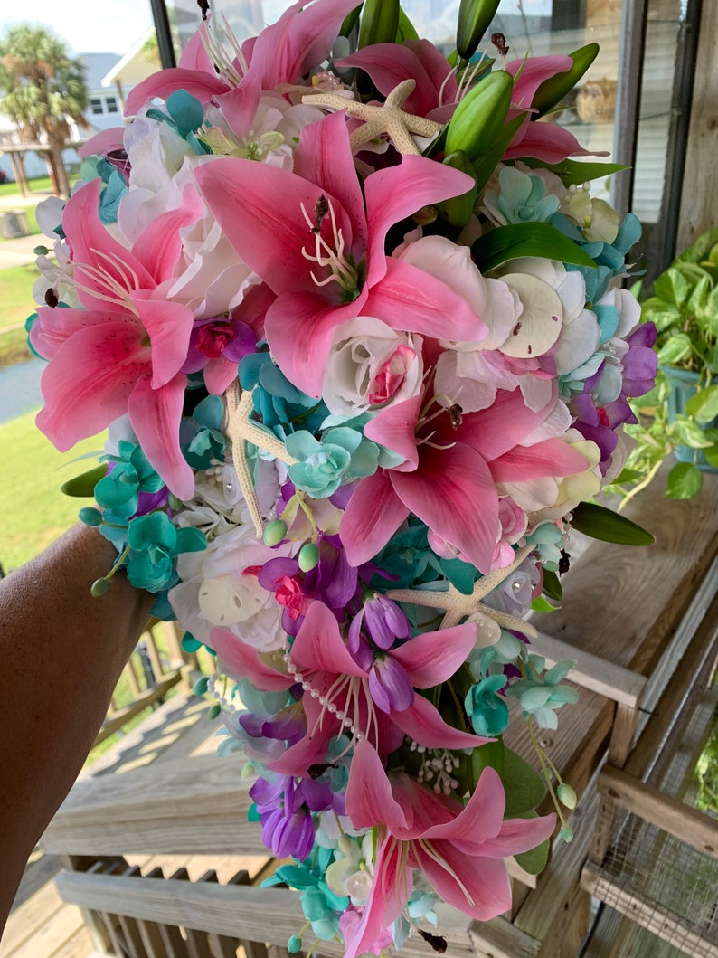 Seaside Seashell Stargazer Lily Bridal Cascade Beach Bouquet with Orchids Roses Starfish and Diamonds and Pearls image 6