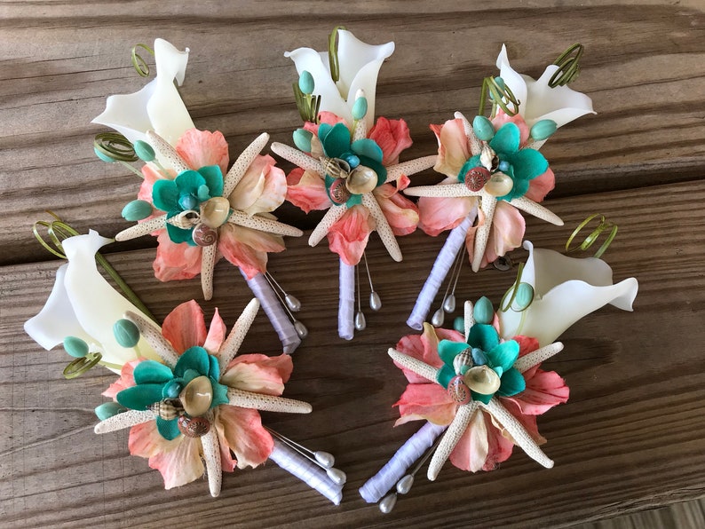 NEW Custom Beach Boutonniere for Groom or Groomsmen with Mini Calla Lilies Starfish and Seashells image 2