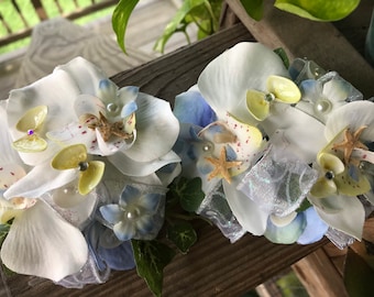 Custom Beach Seashell Wrist Corsages for Special Events You choose the color  Here is a Blue and White with a Touch of Yellow and Pearl Trim