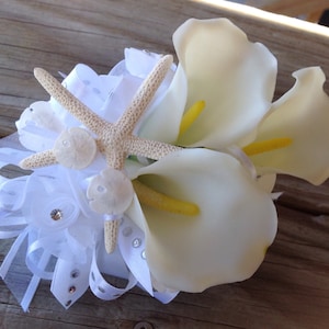 Triple Calla Lilly Wrist Corsage in White with Seashells Ribbons and Diamond Trim