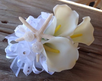Triple Calla Lilly Wrist Corsage in White with Seashells Ribbons and Diamond Trim
