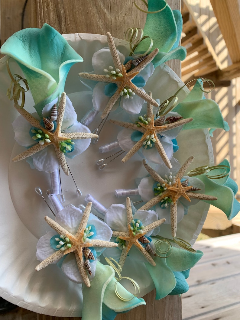 Custom Teal Calla Lily Boutonniere for Groom or Groomsmen with Starfish and Mixed Tiny Seashells Sea Grass image 3