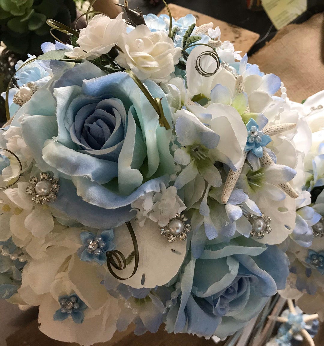 Driftwood Seashell Bridal Bouquet: Blue Hydrangea, Roses & Starfish - Etsy