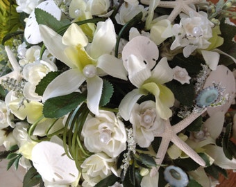 Hand Tied Starfish Bridal Bouquet: Seashell, Rose, and Orchid Beach Wedding
