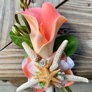 New Custom Calla Lily Boutonniere in Coral for Groom or Groomsmen with Starfish and Mixed Tiny Seashells Sea Grass