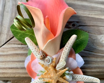 New Custom Calla Lily Boutonniere in Coral for Groom or Groomsmen with Starfish and Mixed Tiny Seashells Sea Grass