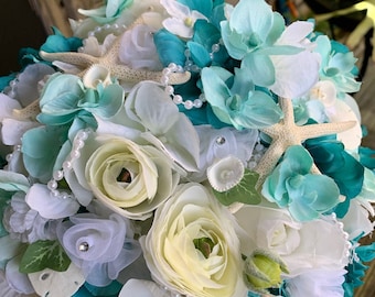 NEW Seashell Light Turquoise and White Hydrangea Roses Orchids Beach Bridal Bouquet with Starfish Fancy Trims