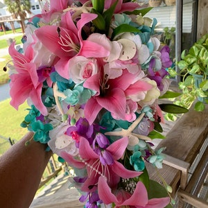 Seaside Seashell Stargazer Lily Bridal Cascade Beach Bouquet with Orchids Roses Starfish and Diamonds and Pearls image 4