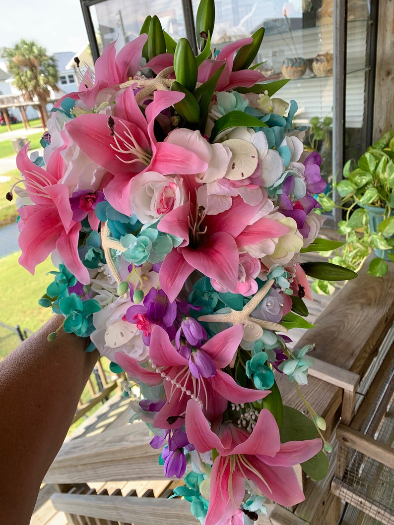 Seaside Seashell Stargazer Lily Bridal Cascade Beach Bouquet with Orchids Roses Starfish and Diamonds and Pearls image 4
