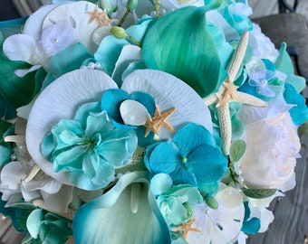 Teal Calla Lily and Blue Tip Calla Lily Beach Bridal Bouquet with Mixed Teal and Blue Assorted Blooms Starfish Sand Dollar and Fancy Trims
