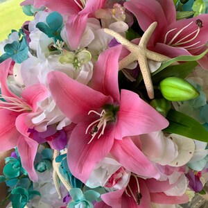 Seaside Seashell Stargazer Lily Bridal Cascade Beach Bouquet with Orchids Roses Starfish and Diamonds and Pearls image 2