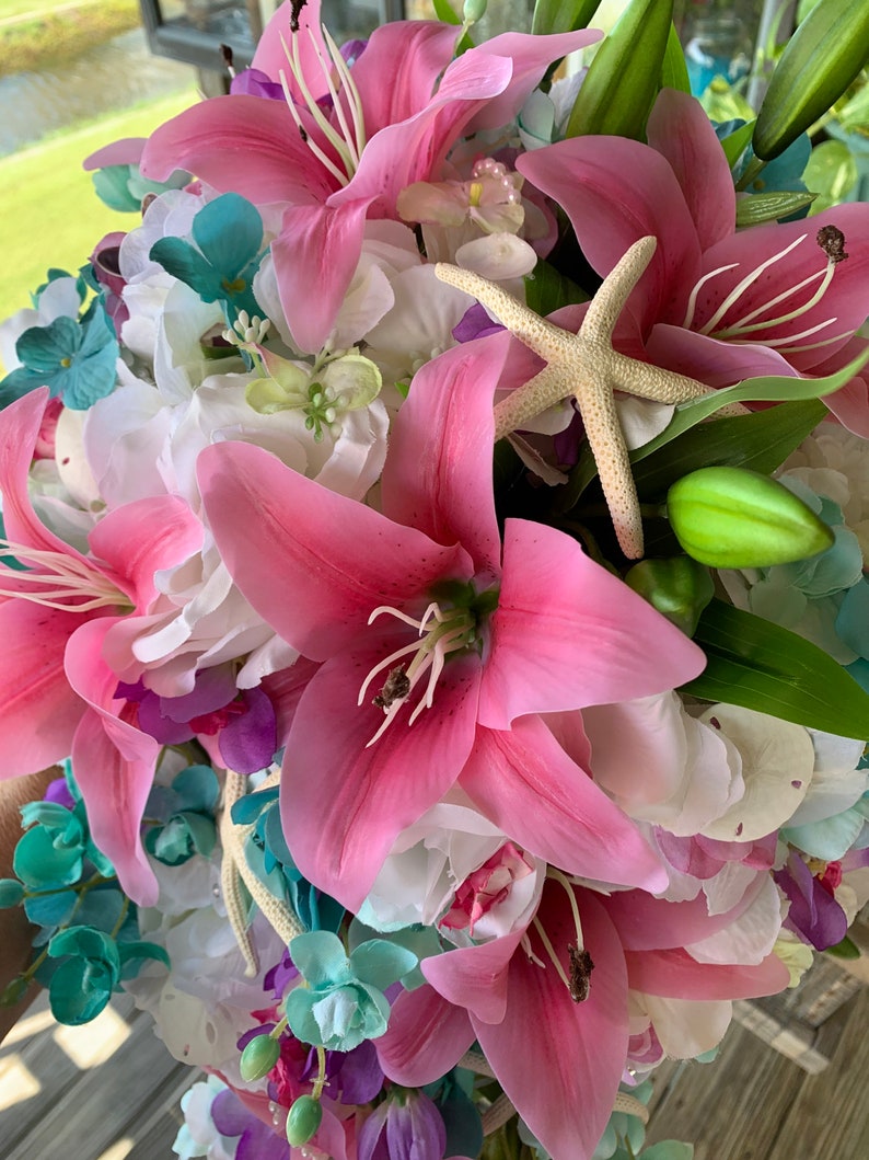 Seaside Seashell Stargazer Lily Bridal Cascade Beach Bouquet with Orchids Roses Starfish and Diamonds and Pearls image 2