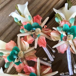 NEW Custom Beach Boutonniere for Groom or Groomsmen with Mini Calla Lilies Starfish and Seashells image 3