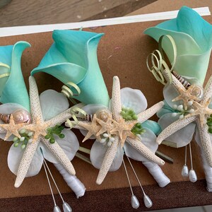 Custom Teal Calla Lily Boutonniere for Groom or Groomsmen with Starfish and Mixed Tiny Seashells Sea Grass image 4