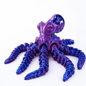 May include: A mechanical octopus figurine featuring a metallic purple and blue gradient finish. The creature has a segmented, articulated body with eight long, detailed tentacles extending outward, showcasing intricate gear-like patterns.