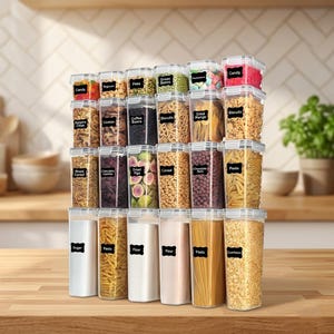 May include: A collection of clear, rectangular food storage containers with black labels. The containers are filled with various dry goods like pasta, cereal, and candy. The labels include text such as "Sugar", "Pasta", and "Candy".