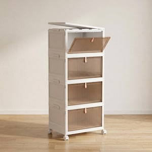 May include: A white storage cabinet with four compartments and a top lid. Each compartment has a brown, ribbed door with a small, tan handle. The cabinet is on wheels, and one door is open.
