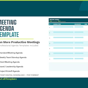 Może przedstawiać: Biały szablon agendy spotkania z turkusowo-zieloną obwódką. Tekst "MEETING AGENDA TEMPLATE" znajduje się u góry. Szablon zawiera sekcje dla punktów porządku obrad, prezenterów i czasu.