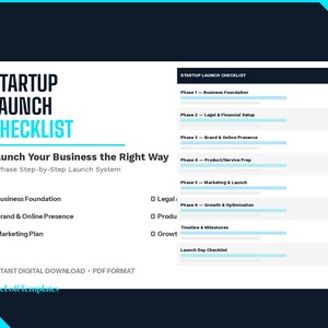 Könnte beinhalten: Eine digitale Checkliste mit dem Titel "Startup Launch Checklist" in einem dunkelblauen und hellblauen Design. Die Checkliste umreißt ein 6-Phasen-Schritt-für-Schritt-Startsystem für Unternehmen, einschließlich Unternehmensgründung, Marke und Online-Präsenz.
