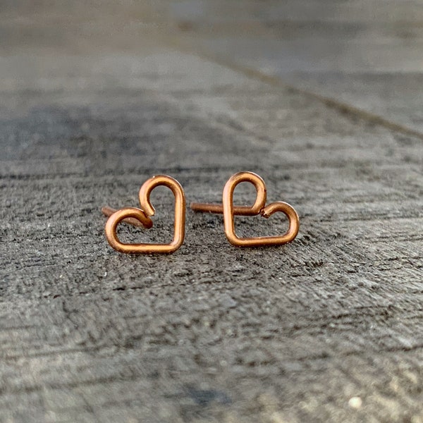 Copper Heart Studs, Handmade Tiny Hearts Wirework Post Earrings in Pure Copper, Minimalist Simple Studs
