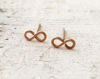 Tiny Infinity Copper Studs, Forever Symbol Simple Stud Earrings, Handmade Genuine Copper Posts