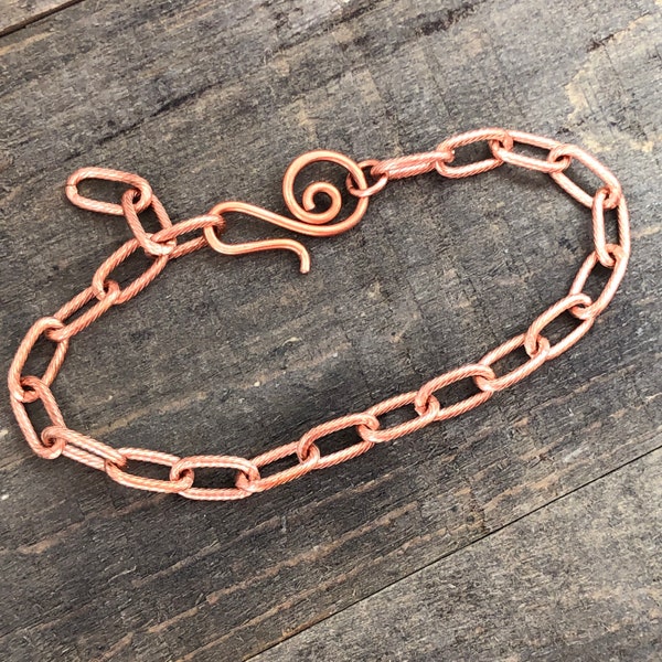 Paperclip Link Copper Bracelet Chain, Etched Link Spiral Pattern Cable with Artisan Clasp, Adjustable, Anklet