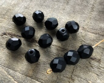 25 pcs Matte Jet Black Faceted Round Czech Glass Beads, Opaque Black 8mm Gemstone Donut Dark Frosted Firepolished