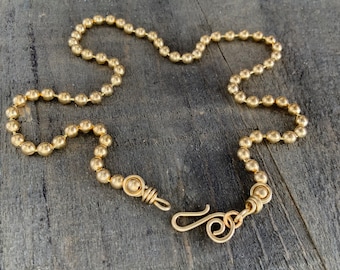 Large Gold Brass Necklace Chain with Artisan Clasp, 4mm Ballchain, Wire-wrapped Custom Length Strong Ball Chain Necklace