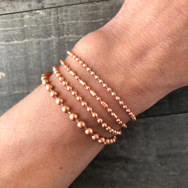 Chaîne de bracelet en cuivre massif, bracelet boule ou chaîne de cheville, bracelet chaîne en cuivre véritable 2,4 mm 3,2 mm 4,5 mm chaîne minimaliste simple