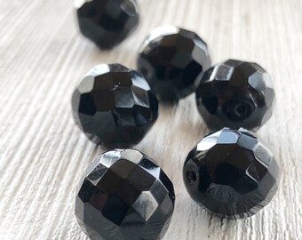 Jet Black 14mm Round Beads Large Firepolished Czech Glass Faceted Beads Opaque Black