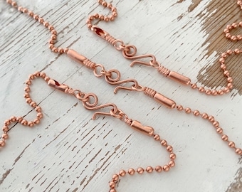 Handmade Copper Necklace 2.4mm Bead Chain with Artisan Hook Clasp, Small BallChain with Wirewrapped Loops, Slide on your Pendant