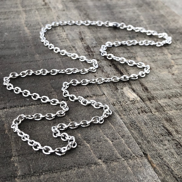 Adjustable Stainless Steel Necklace 3.7mm Small Cable Chain with Lobster Clasp, 4mm Silver Alternative 23" 24" inch 60cm