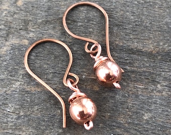 Small Pure Copper Ball Earrings, 6mm Simple Round Copper Drops, Handmade Lightweight Minimal Raw Copper Earring, Wire wrapped Hollow Bead