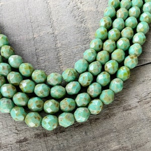 Picasso Turquoise Faceted 8mm Round Czech Glass Beads, Opaque Aqua Gemstone Donut Firepolished Bead image 7