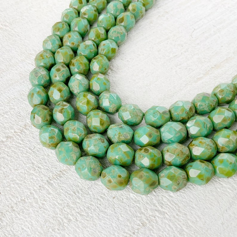 Picasso Turquoise Faceted 8mm Round Czech Glass Beads, Opaque Aqua Gemstone Donut Firepolished Bead image 3