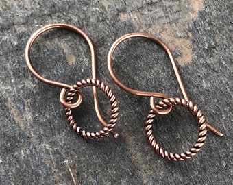 Small Hoop Genuine Copper Earrings, Simple Twisted 10mm Hoop Dangles, Minimal Handmade Lightweight Circle Earring, Rose Gold Minimalist Hoop