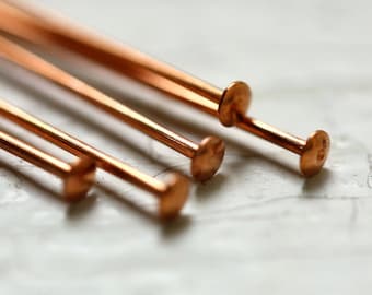 Genuine Copper Headpins, Flat Rounded Head Pins, 22g 24g 2 inch 50mm 63mm HeadPins, Made in USA