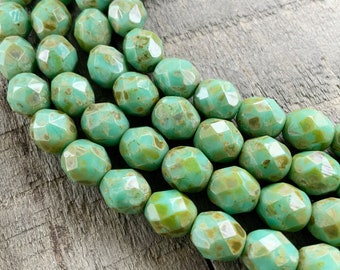 Picasso Turquoise Faceted 8mm Round Czech Glass Beads, Opaque Aqua Gemstone Donut Firepolished Bead