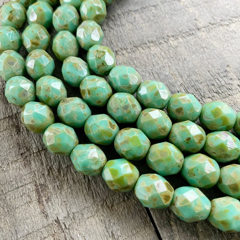Picasso Turquoise Faceted 8mm Round Czech Glass Beads, Opaque Aqua Gemstone Donut Firepolished Bead image 1