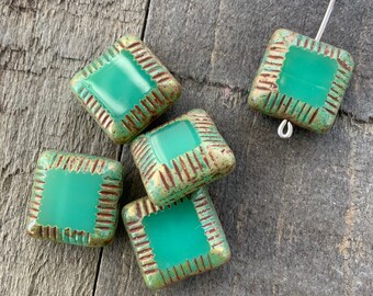 Milky Jade Green Etched Table Cut Squares Czech Glass Beads, Picasso Etched Emerald Opal Pillow 13mm beads