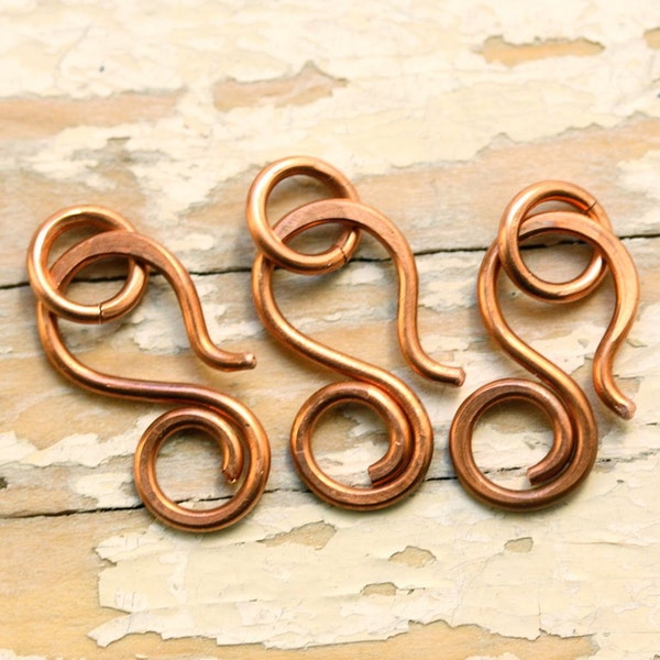 3 Solid Copper Clasps Hook with Jump Ring, Medium, Hand Forged Reclaimed Copper Wire Handmade Findings Recycled 16g
