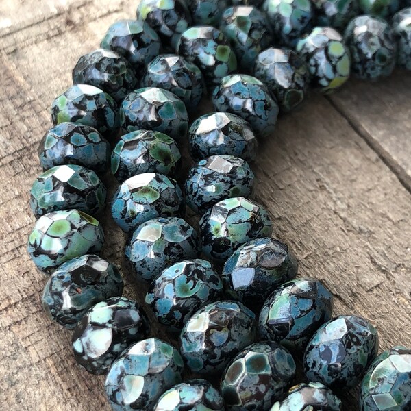 Jet Black Full Picasso Czech Glass 9mm Rondelle perles, Black Green Picasso Faceted Opaque Donuts Stone wash Firepolished 9x6mm puffy rondels