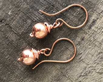 Simple Pure Copper Ball Earrings, 8mm Bright Round Copper Drops, Handmade Lightweight Minimal Raw Copper Earring, Wire wrapped Hollow Bead