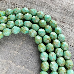 Picasso Turquoise Faceted 8mm Round Czech Glass Beads, Opaque Aqua Gemstone Donut Firepolished Bead image 5