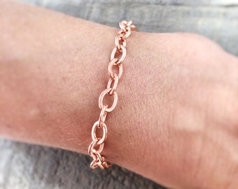 Copper Charm Bracelet Chain, Adjustable Flat Link Etched Cable Anklet, Artisan Clasp