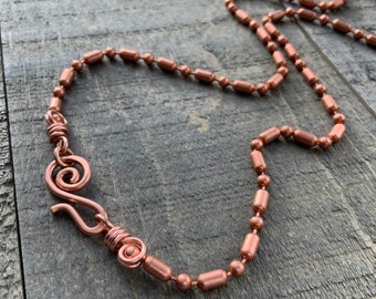 Artisan Copper Necklace Chain, Handmade Wirework Clasp, Strong 3.2mm Ball-Bar Pure Copper Chain, Genuine Copper 7th Anniversary Gift