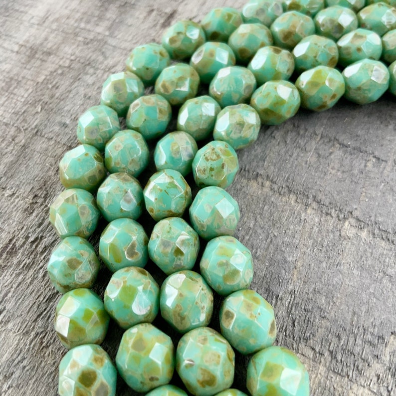 Picasso Turquoise Faceted 8mm Round Czech Glass Beads, Opaque Aqua Gemstone Donut Firepolished Bead image 4