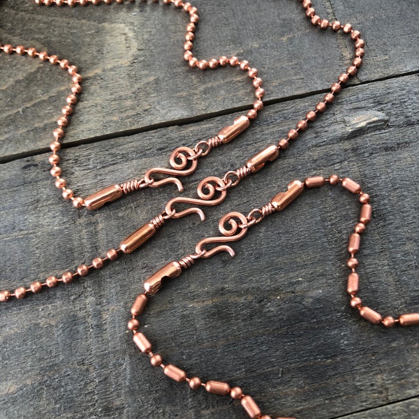 Copper Necklace with Swirl Hook Clasp, Wire wrapped 3.2mm Ball Chain Necklace, Slide on Your Pendant, Artisan Custom Length, Choker