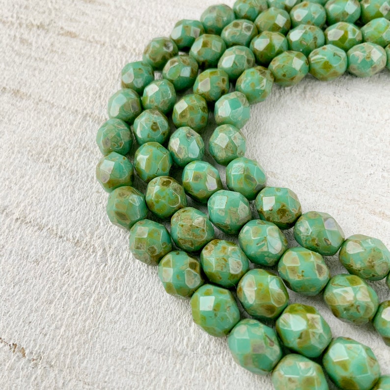 Picasso Turquoise Faceted 8mm Round Czech Glass Beads, Opaque Aqua Gemstone Donut Firepolished Bead image 2