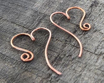 Copper Heart Ear Wires, Artisan Swirl Loop Solid Copper French Hook Earwires 20g for DIY